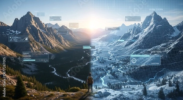 Fototapeta Futuristic digital map overlays vast mountain landscape