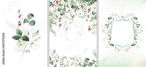 Fototapeta Clipart Set. Watercolor colorful wildflower floral bouquet frame wreath crest - flower forest meadow green herbs leaves. Wedding invitation, fashion, textile. Fern, clover, chamomile, ivy, strawberry.