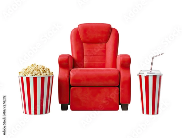 Obraz A red cinema seat next to popcorn bucket and drink isolated on a transparent background png