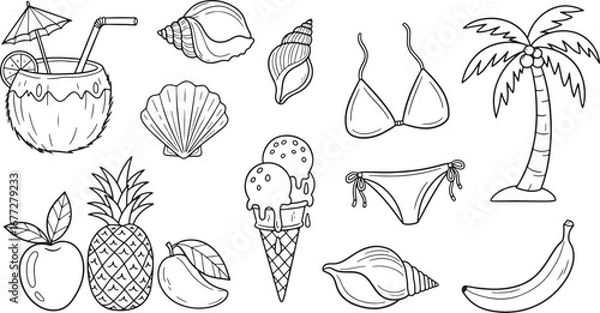 Fototapeta Summer essentials A collection of beach-themed illustrations including food, drinks, and tropical elements