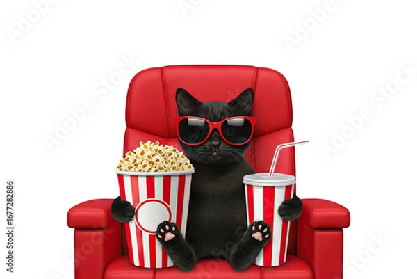 Obraz A cute black cat wearing red sunglasses sitting on a red cinema chair with popcorn bucket and drink isolated on a transparent background png