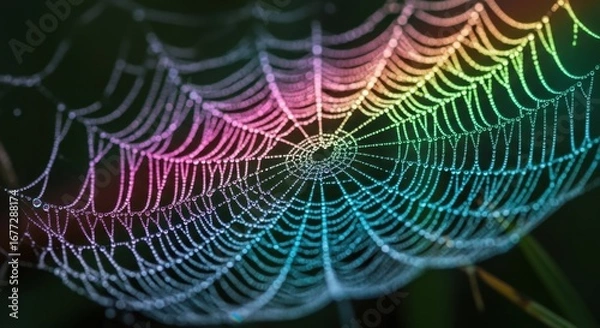 Fototapeta A Stunning Macro Shot of a Dewy Spider Web Reflecting a Spectrum of Colors in the Morning Light