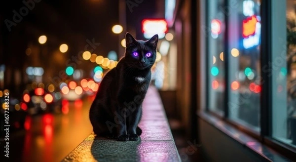 Fototapeta A Striking Black Cat with Glowing Purple Eyes Sits on a Ledge at Night, Illuminated by Vibrant City Lights in the Background