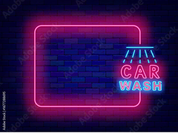 Fototapeta Car wash neon greeting card. Auto clean service. Empty pink frame and typography. Vector illustration