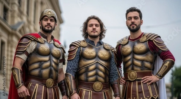 Fototapeta Three Men Dressed in Ancient Warrior Costumes Pose Confidently, Showcasing Their Detailed Armor Against a Historic Backdrop