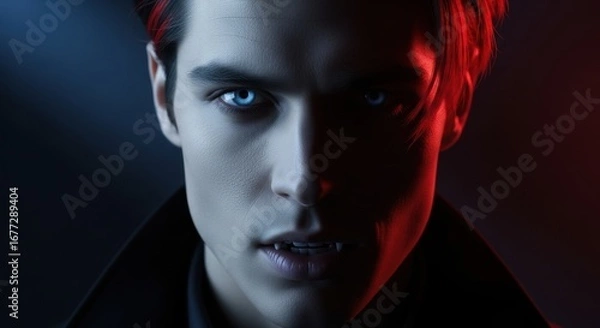 Fototapeta A Close-up Portrait of a Young Man with Striking Blue Eyes, Illuminated by Dramatic Red and Blue Lighting, Showcasing Intense Emotions