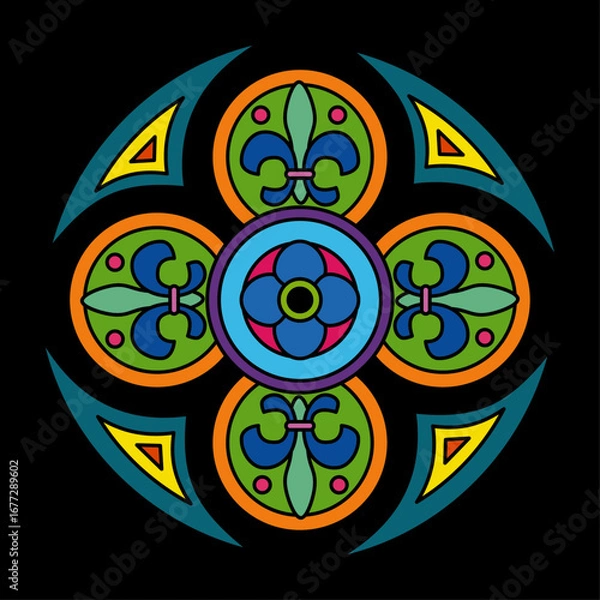 Fototapeta Colorful stained glass window with floral patterns and abstract shapes flat vector illustration. Circular stained glass window design. 