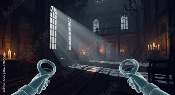 Fototapeta An Immersive Virtual Reality Scene Set in a Dimly Lit Room, Featuring Atmospheric Lighting and a Sense of Mystery