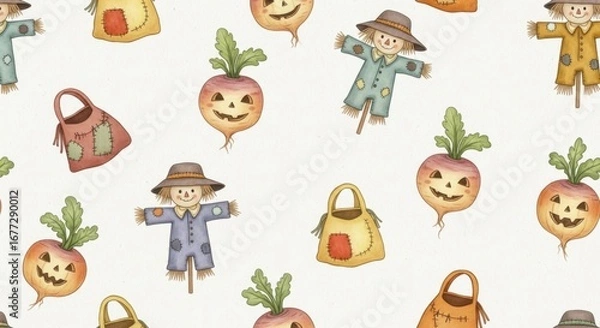 Fototapeta A Whimsical Pattern Featuring Cheerful Scarecrows and Vibrant Turnips, Perfect for Autumn-themed Designs