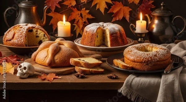 Fototapeta A Cozy Autumn Dessert Display Featuring Various Cakes, Surrounded by Fall Leaves and Candles, Creating a Warm and Inviting Atmosphere
