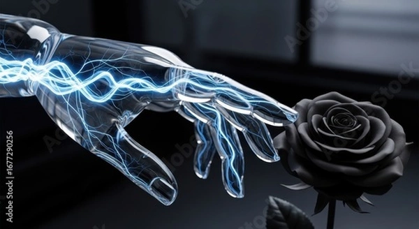 Fototapeta A Futuristic Glass Hand Reaches Out Towards a Black Rose, Symbolizing the Intersection of Technology and Nature