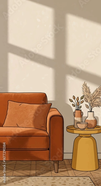 Obraz Cozy living room scene with orange sofa, decorative vases, and warm sunlight creating shadows.
