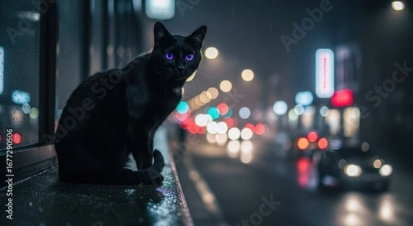 Fototapeta A Mysterious Black Cat with Glowing Eyes Sits on a Ledge, Surrounded by a Rainy, Illuminated Cityscape at Night, Creating an Enchanting Atmosphere