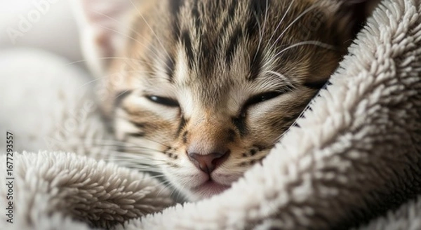 Fototapeta Sleeping kitten in soft blanket