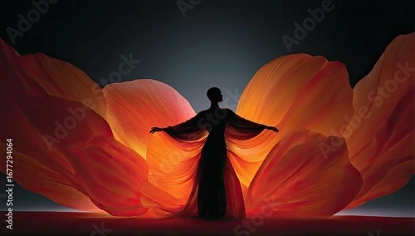Fototapeta Silhouetted figure in flowing, luminous orange fabric resembling a large blossom, arms outstretched against a dark backdrop