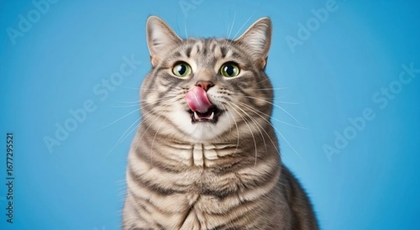 Fototapeta Tabby cat licking tongue studio shot