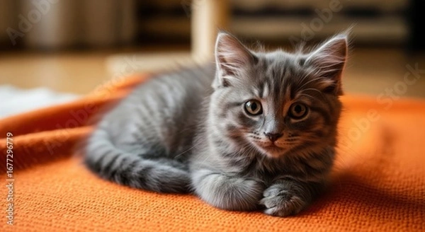 Fototapeta Gray kitten on orange blanket