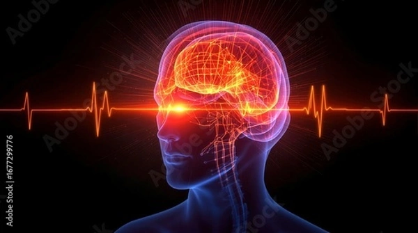 Fototapeta x-default Human Brain with Heartbeat and Neural Network