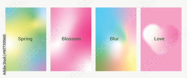 Fototapeta Abstract aura blurry vector texture. Blue, pink, green, yellow gradient background. Beauty in nature gradation pattern. Aesthetic bg. Set of 4 square vector gradient backdrop for poster, cover, banner