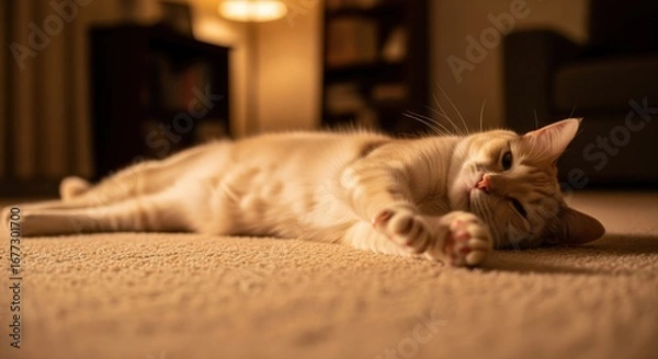 Fototapeta Ginger cat relaxing on carpet