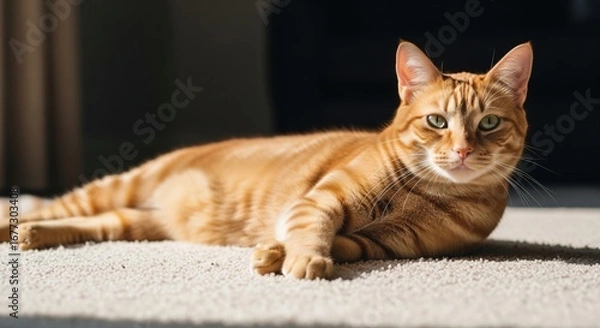 Fototapeta Ginger cat lying on carpet