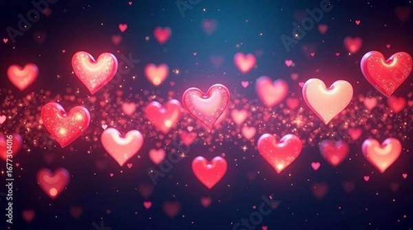 Fototapeta Glowing hearts floating in dark background pink sparkling