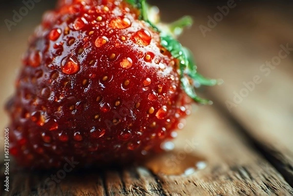 Fototapeta Close-up view of a fresh strawberry, glistening with water droplets, resting on a weathered wooden surface.