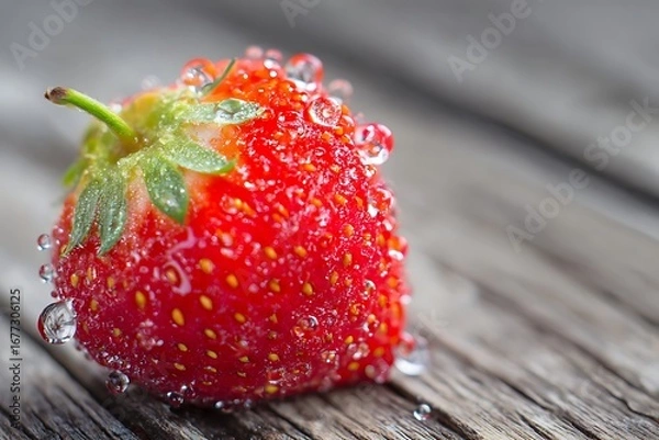 Fototapeta Close-up of a vibrant red strawberry covered in water droplets, resting on a weathered wooden surface.