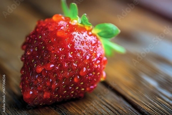 Fototapeta Close-up view of a juicy, glistening strawberry with water droplets, sitting on a rustic wooden surface.