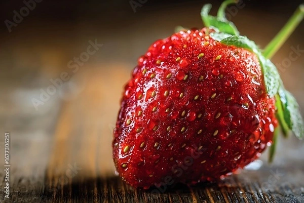 Fototapeta Close-up view of a single, ripe, glistening strawberry with water droplets on its surface, resting on a wooden table.
