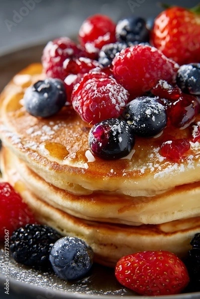 Fototapeta A delectable stack of pancakes, generously topped with a vibrant array of fresh berries and sprinkled with powdered sugar, creating a visually appealing and delicious breakfast scene.