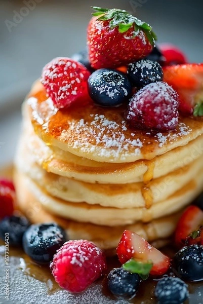 Fototapeta A stack of fluffy pancakes topped with a delightful array of fresh berries, including strawberries, raspberries, and blueberries, drizzled with honey and dusted with powdered sugar.