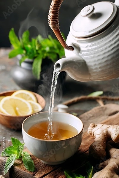 Fototapeta Steaming hot tea is poured into a bowl, showcasing a tranquil and inviting beverage scene.
