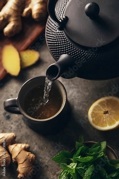 Fototapeta Hot beverage being poured into a mug with ginger, lemon, and mint.