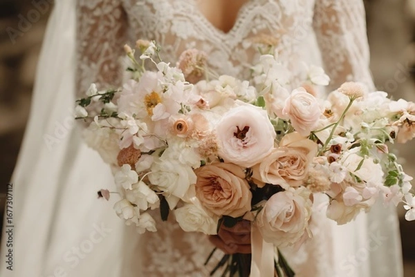Fototapeta A beautiful bridal bouquet, featuring a delightful array of peach, blush, and cream colored flowers, held gently by a bride.