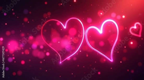 Fototapeta Glowing pink hearts with bokeh neon