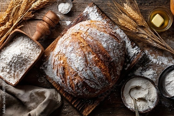 Fototapeta A rustic loaf of artisan bread sits atop a wooden cutting board, surrounded by flour and wheat stalks, showcasing a comforting and appetizing culinary scene.