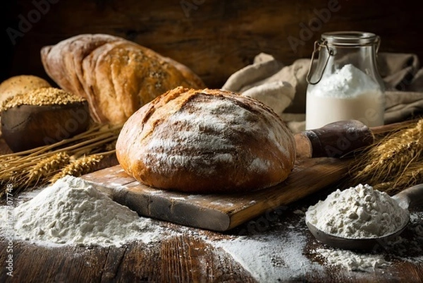 Fototapeta Freshly baked loaves of artisan bread, dusted with flour, rest on a rustic wooden surface alongside wheat stalks, flour, and a glass jar of milk.