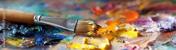 Fototapeta Close-up of a paintbrush resting on a vibrant 's palette, showcasing a mixture of vibrant colors and textures.