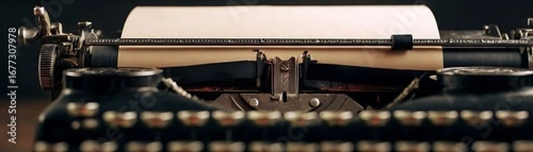 Fototapeta Close-up view of an antique typewriter with a blank paper roll, showcasing intricate mechanical details and a vintage aesthetic.