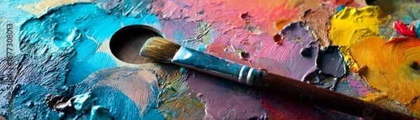Fototapeta Vibrant hues and textures of an 's palette, showcasing a paintbrush resting atop a collection of vibrant colors.