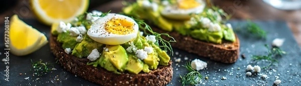 Fototapeta Two slices of avocado toast topped with a fried egg, feta cheese, and fresh dill, illuminated by natural light, displayed on a dark slate platter.