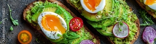 Fototapeta Delicious avocado toast with sunny-side-up eggs, vibrant fresh vegetables, and a dark stone backdrop.