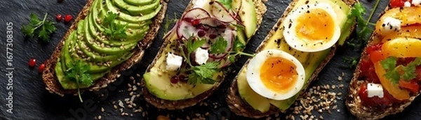 Fototapeta A selection of healthy open-faced sandwiches, featuring avocado, eggs, and vegetables, presented on a dark stone surface.