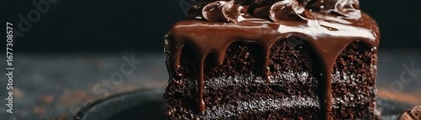 Fototapeta A decadent slice of rich dark chocolate cake, drizzled with glossy chocolate, sits on a dark surface, showcasing exquisite details.