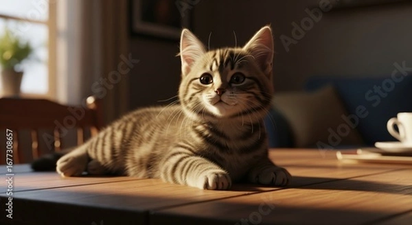 Fototapeta Kitten lying on wooden table in sunlight