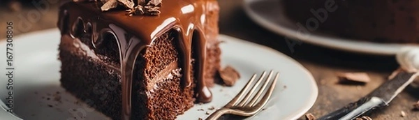 Fototapeta A close-up of a rich, decadent chocolate cake slice, drizzled with melted chocolate and garnished with chocolate chips.