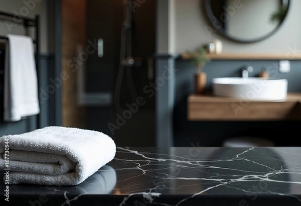 Fototapeta Empty marble table top on blurred minimalistic luxury bathroom at apartment, white day light, clean cozy colors. Place for product display, showing products, side view