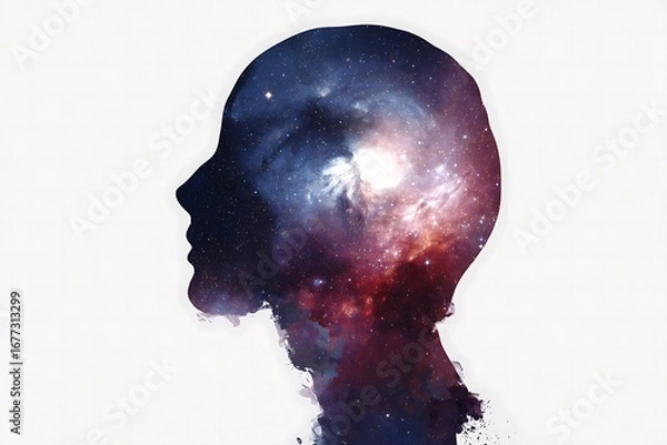 Fototapeta A profile view of a head, where the interior of the head is filled with a vibrant representation of the cosmos, featuring nebulae and stars.