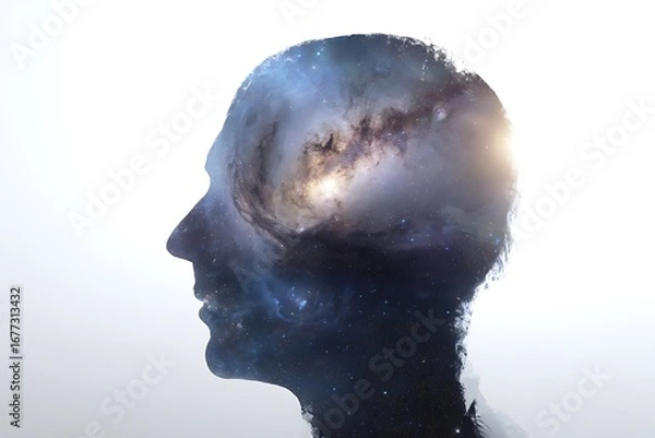 Fototapeta A profile view of a person's head, overlaid with a celestial image of galaxies and nebulae, evoking a sense of vastness and inner contemplation.